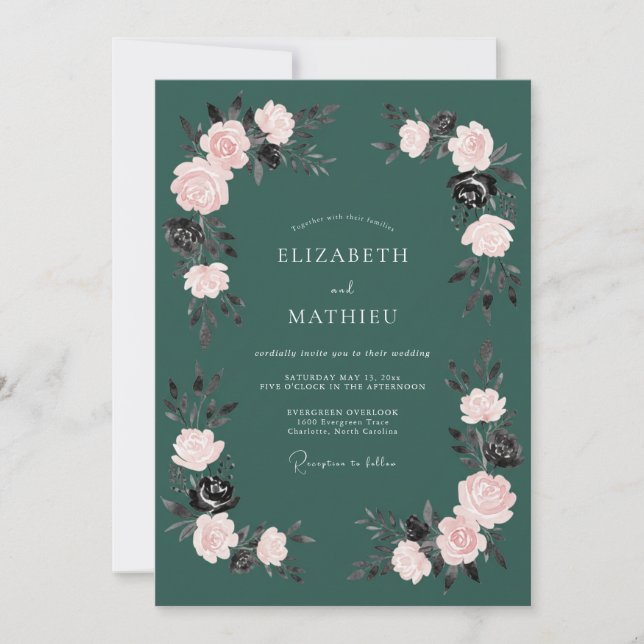 Invitation Mariage Floral Romantique Sarcelle (Devant)