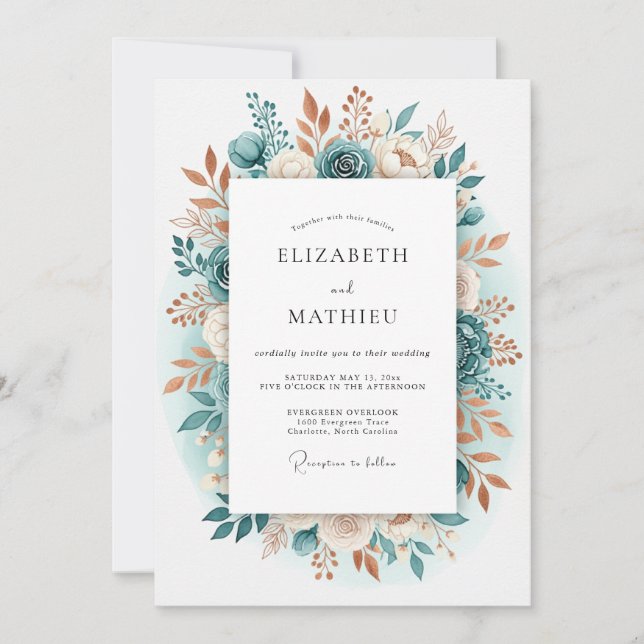 Invitation Mariage Floral Romantique Sarcelle (Devant)