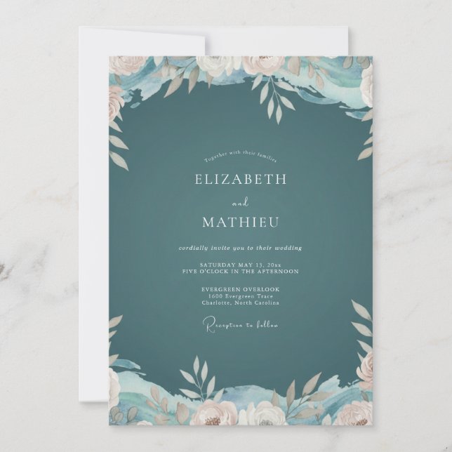 Invitation Mariage Floral Romantique Sarcelle Foncé (Devant)