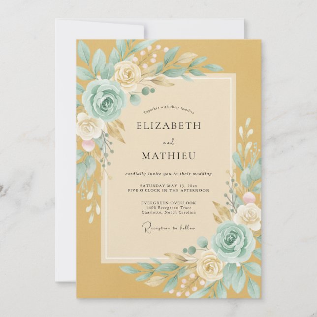 Invitation Mariage Floral Romantique Sarcelle Or (Devant)