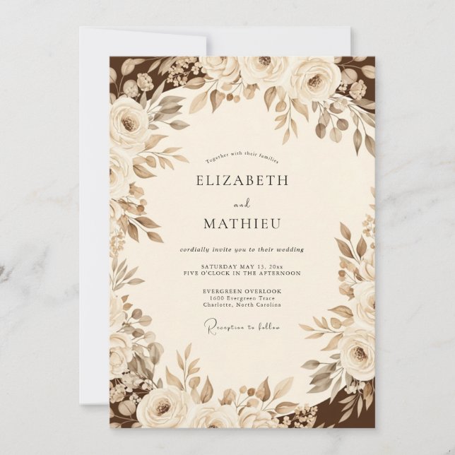 Invitation Mariage Floral Romantique Sépia (Devant)