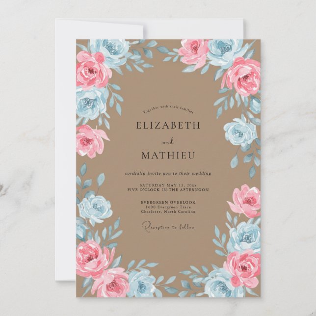 Invitation Mariage Floral Romantique Taupe (Devant)