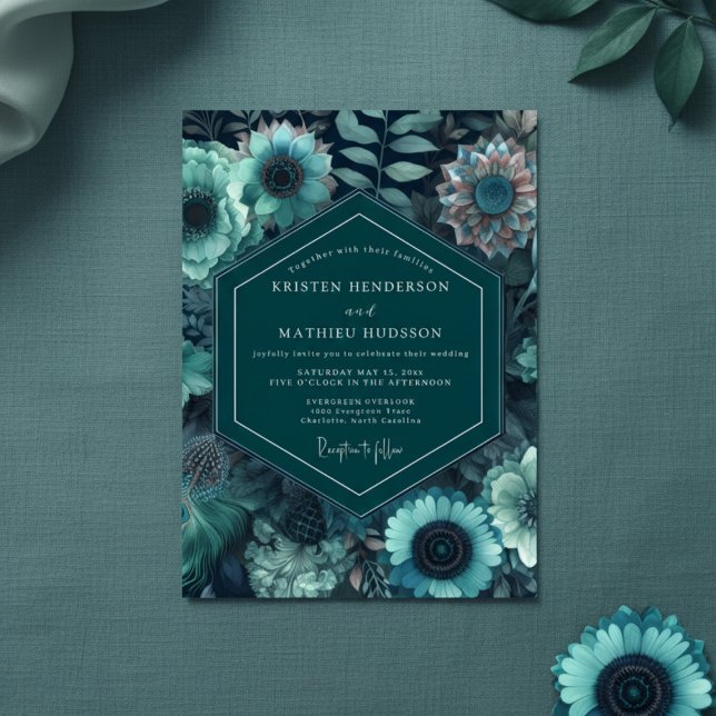 Invitation Mariage Floral Romantique Teal Mélancolique (Créateur téléchargé)