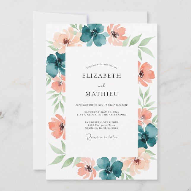 Invitation Mariage Floral Romantique Teal Peach (Devant)