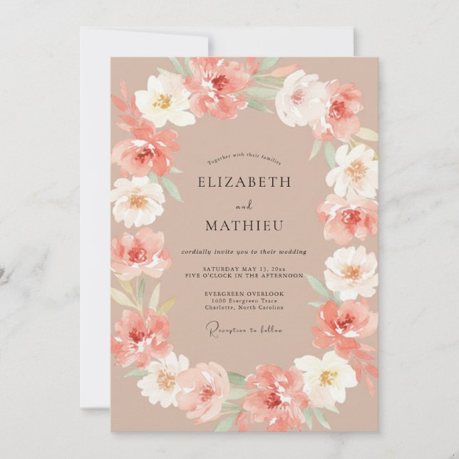 Invitation Mariage Floral Romantique Teint de Pêche (Devant)