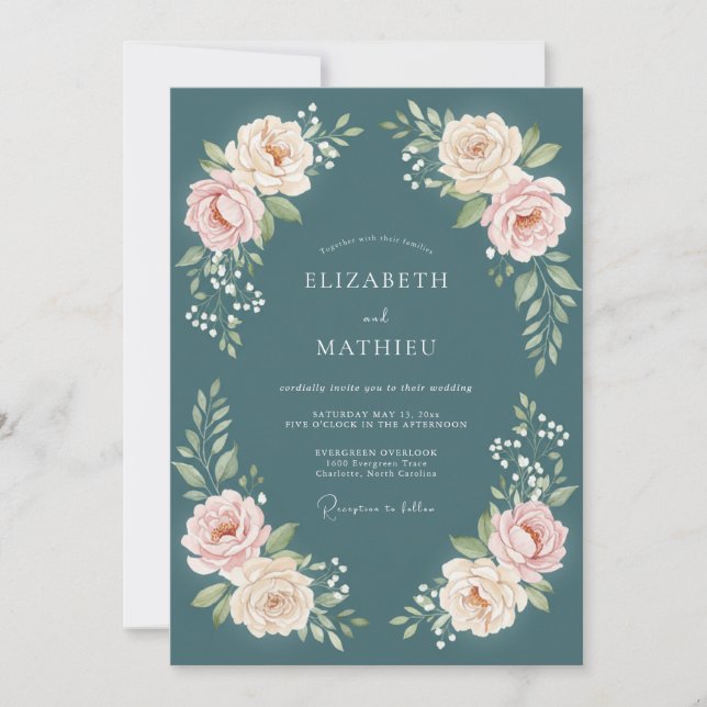 Invitation Mariage Floral Romantique Turquoise (Devant)
