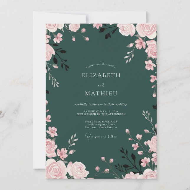 Invitation Mariage Floral Romantique Vert Chasseur (Devant)