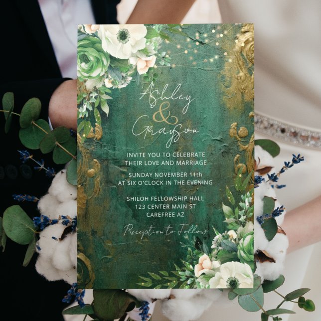 Invitation Mariage Floral Romantique Vert Emeraude (Créateur téléchargé)