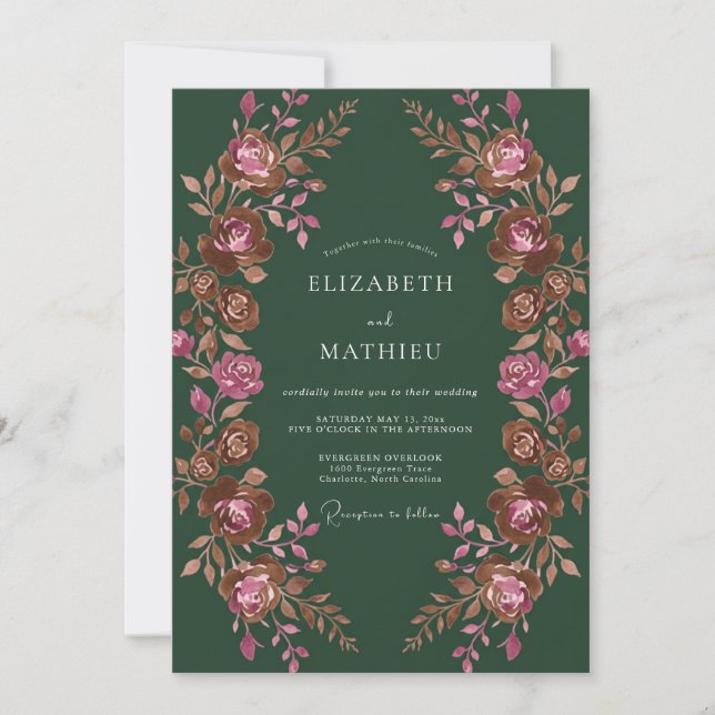 Invitation Mariage Floral Romantique Vert Foncé (Devant)