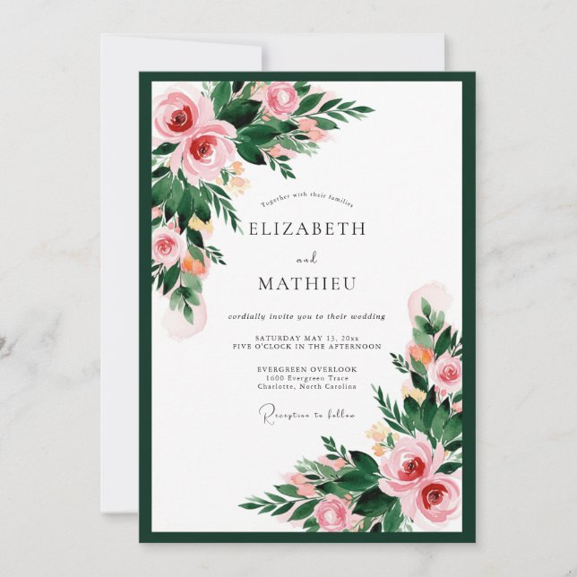 Invitation Mariage Floral Romantique Vert Forêt (Devant)