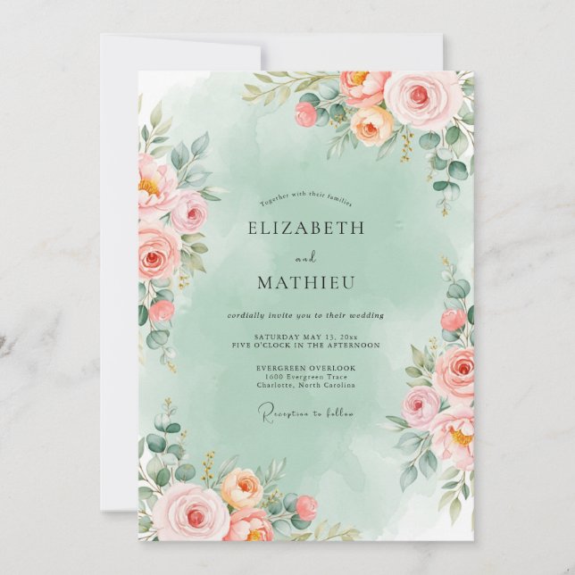 Invitation Mariage Floral Romantique Vert Menthe (Devant)