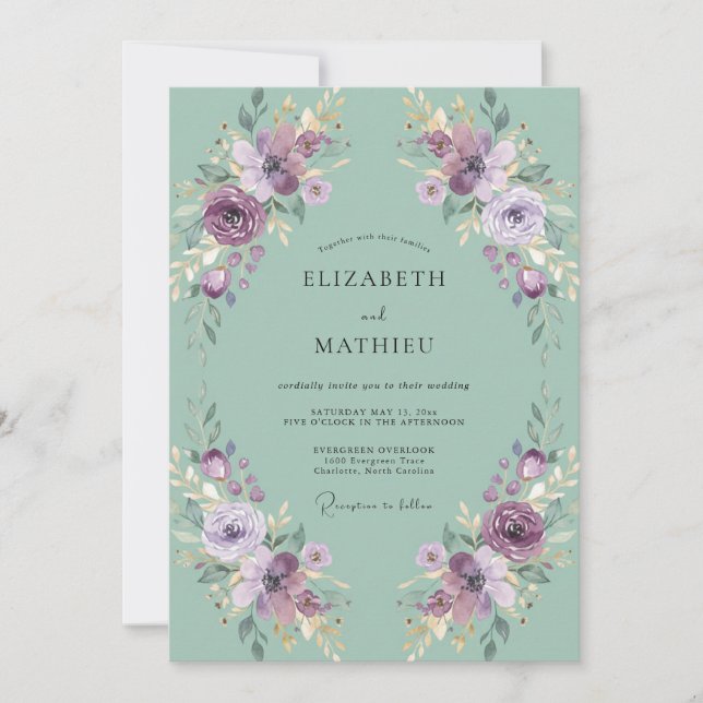 Invitation Mariage Floral Romantique Vert Menthe (Devant)