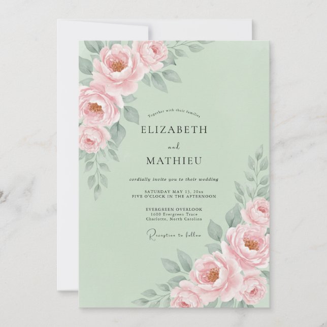 Invitation Mariage Floral Romantique Vert Pâle (Devant)