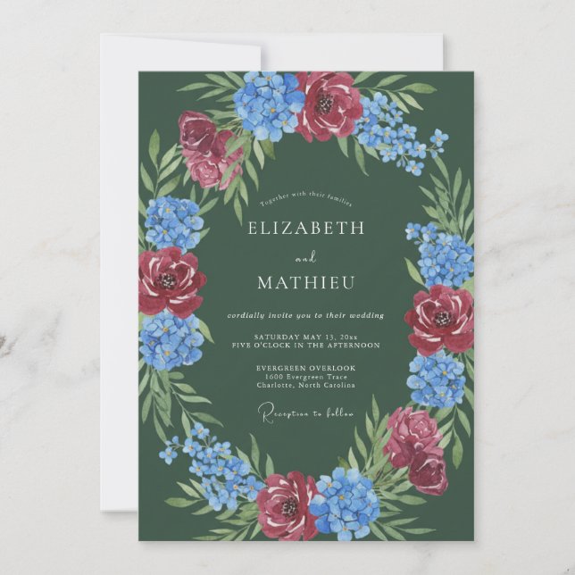 Invitation Mariage Floral Romantique Vert Profond (Devant)