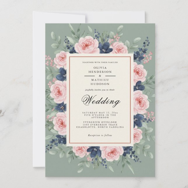 Invitation Mariage Floral Romantique Vert Sauge (Devant)