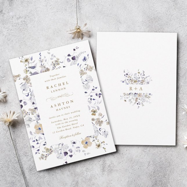 Invitation Mariage Floral Romantique Violet Blanc Or  (Front & Back)
