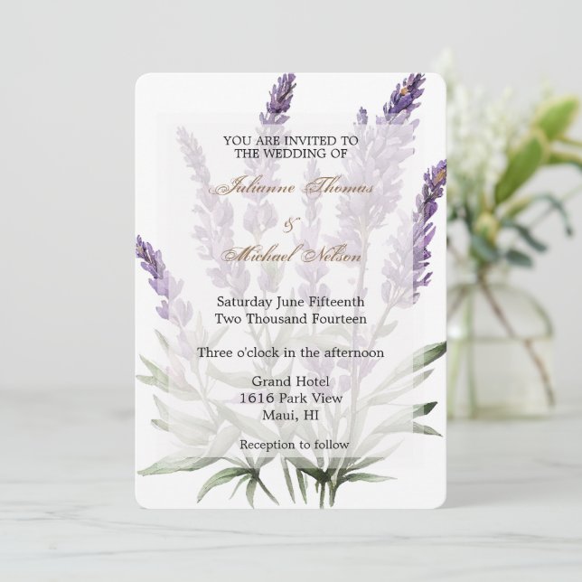 Invitation Mariage floral romantique violet de lavande (Debout devant)