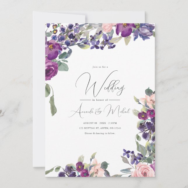 Invitation Mariage Floral Romantique Violet et Rose (Devant)