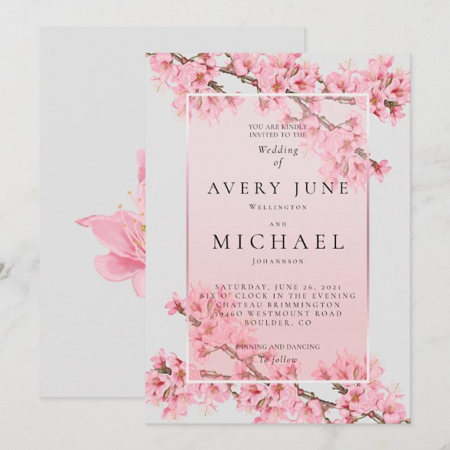 Invitation Mariage floral rose à fleurs de cerisier (Devant / Derrière)