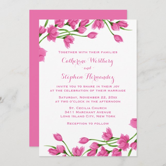 Invitation Mariage Floral Rose and White Flowers Fuchsia (Devant / Derrière)