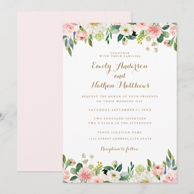 Invitation Mariage Floral Rose Aquarelle (Devant / Derrière)