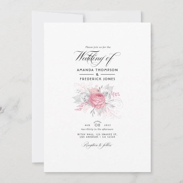 Invitation Mariage floral rose, argent et blanc (Devant)