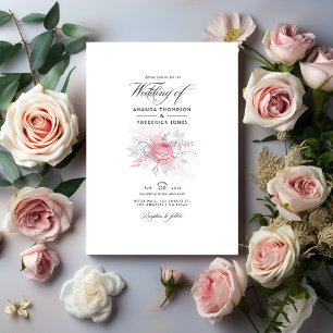 Invitation Mariage floral rose, argenté et blanc