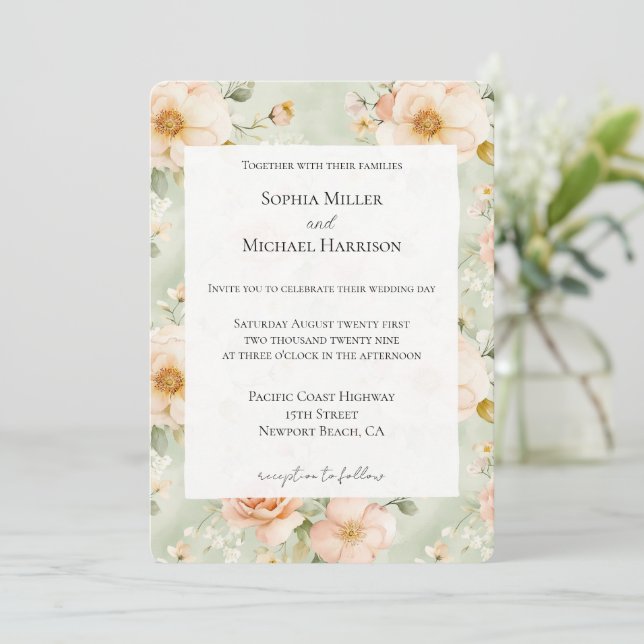 Invitation Mariage Floral Rose Assez Menthe Pêche (Debout devant)