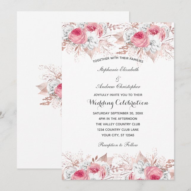 Invitation Mariage floral rose blanc or rose  (Devant / Derrière)