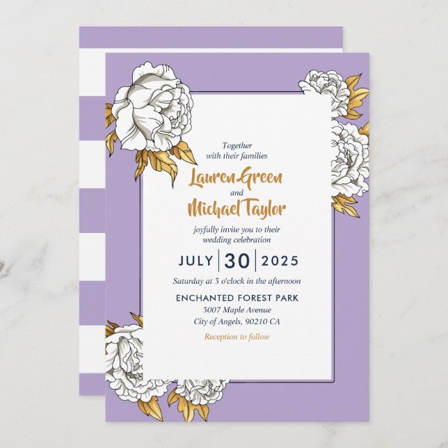 Invitation Mariage floral rose blanc pourpre (Devant / Derrière)
