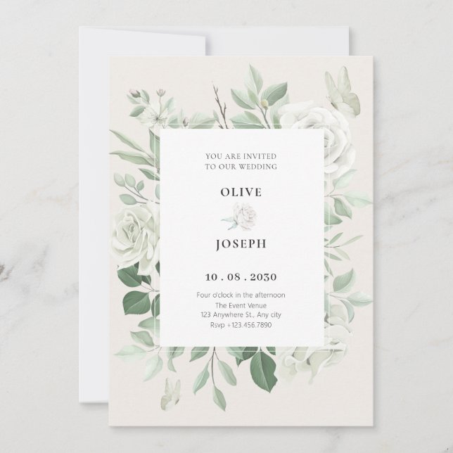 Invitation Mariage floral rose blanche (Devant)