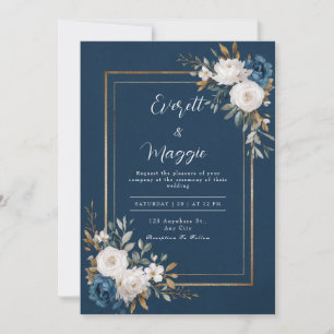 Invitation Mariage Floral Rose Blanche Bleu Nuit Or