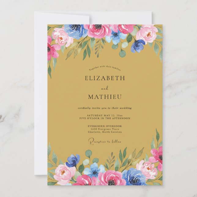 Invitation Mariage Floral Rose Bleu Flourish (Devant)