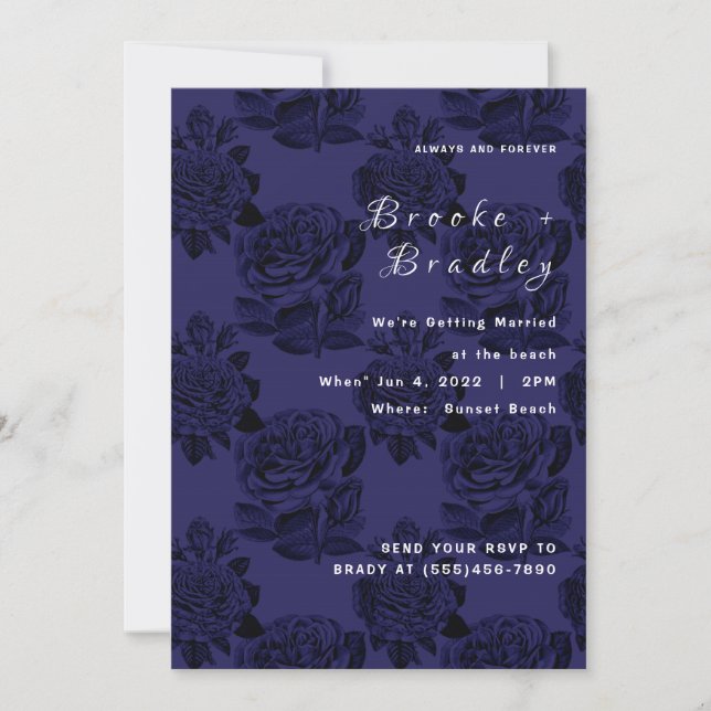 Invitation Mariage Floral Rose Bleu Foncé (Devant)