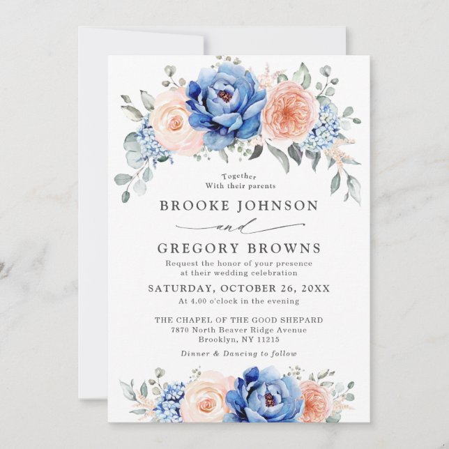 Invitation Mariage floral rose bleu marine (Devant)