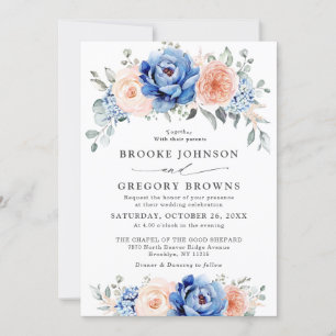 Invitation Mariage floral rose bleu marine