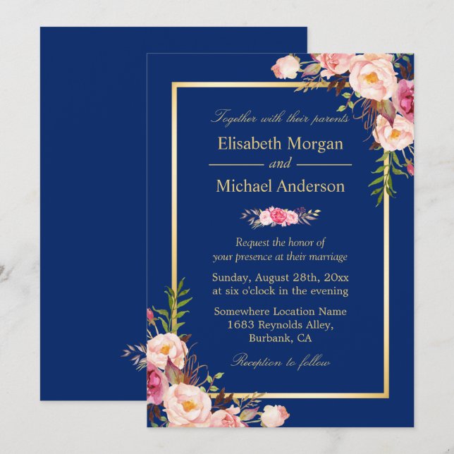 Invitation Mariage floral rose bleu marine (Devant / Derrière)