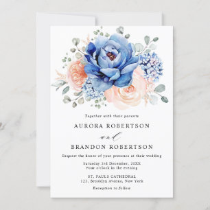 Invitation Mariage floral rose bleu marine