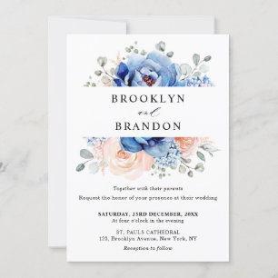 Invitation Mariage floral rose bleu marine