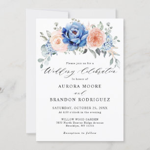 Invitation Mariage floral rose bleu marine