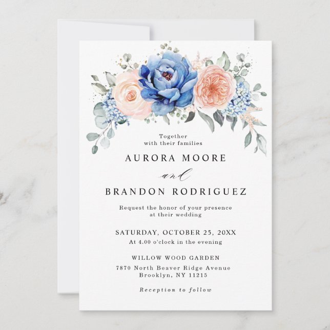 Invitation Mariage floral rose bleu marine (Devant)