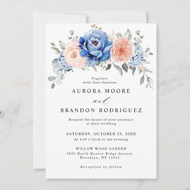 Invitation Mariage floral rose bleu marine (Devant)