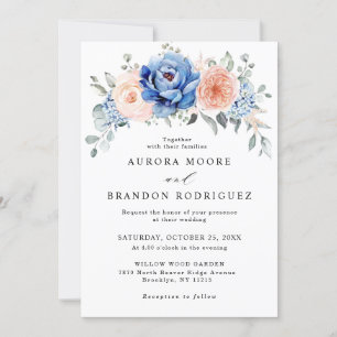 Invitation Mariage floral rose bleu marine