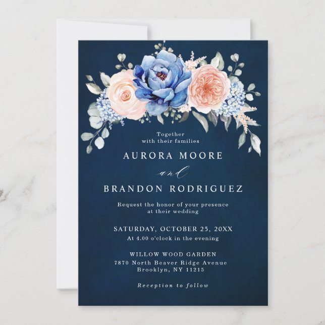 Invitation Mariage floral rose bleu marine (Devant)