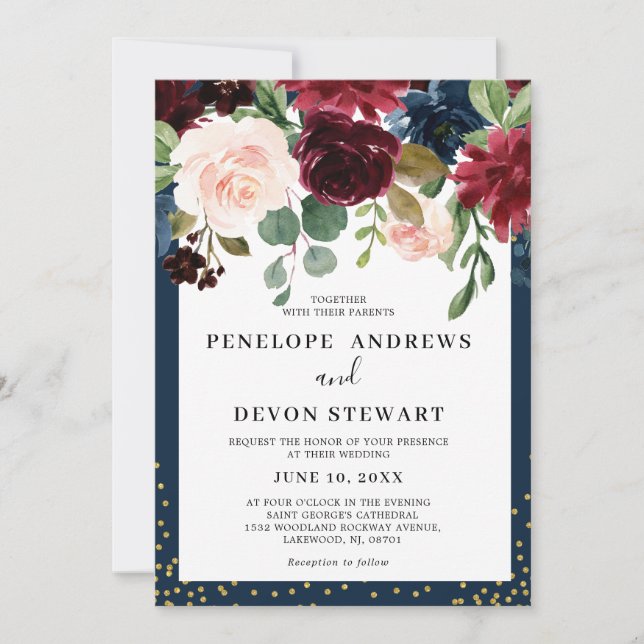 Invitation Mariage floral rose bleu marine Bourgogne (Devant)