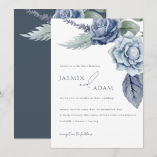 Invitation Mariage Floral Rose Bleu Royal Élégant