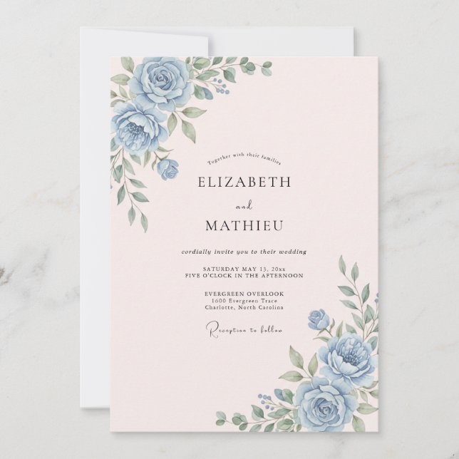 Invitation Mariage Floral Rose Bleue (Devant)