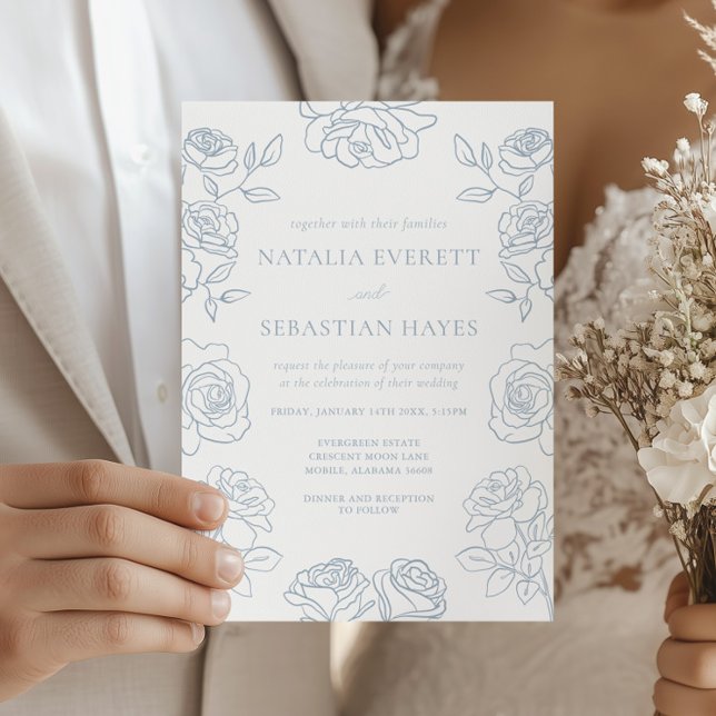 Invitation Mariage Floral Rose Bleue Élégant (Créateur téléchargé)