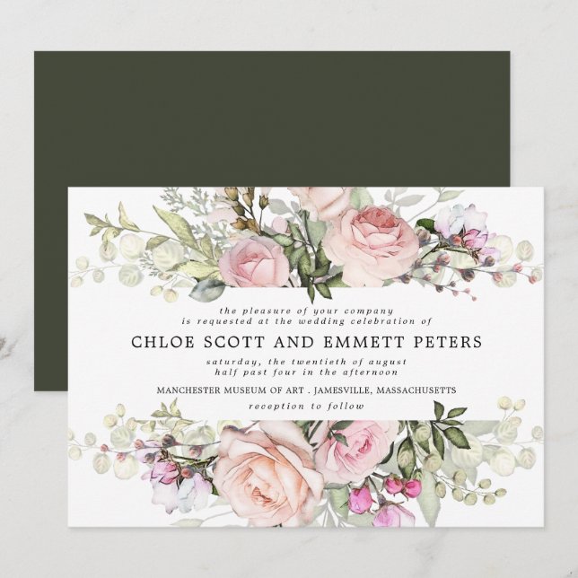 Invitation Mariage Floral rose Boho moderne (Devant / Derrière)