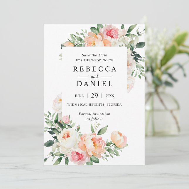 Invitation Mariage floral rose bordeaux et bleu Enregistrer l (Debout devant)